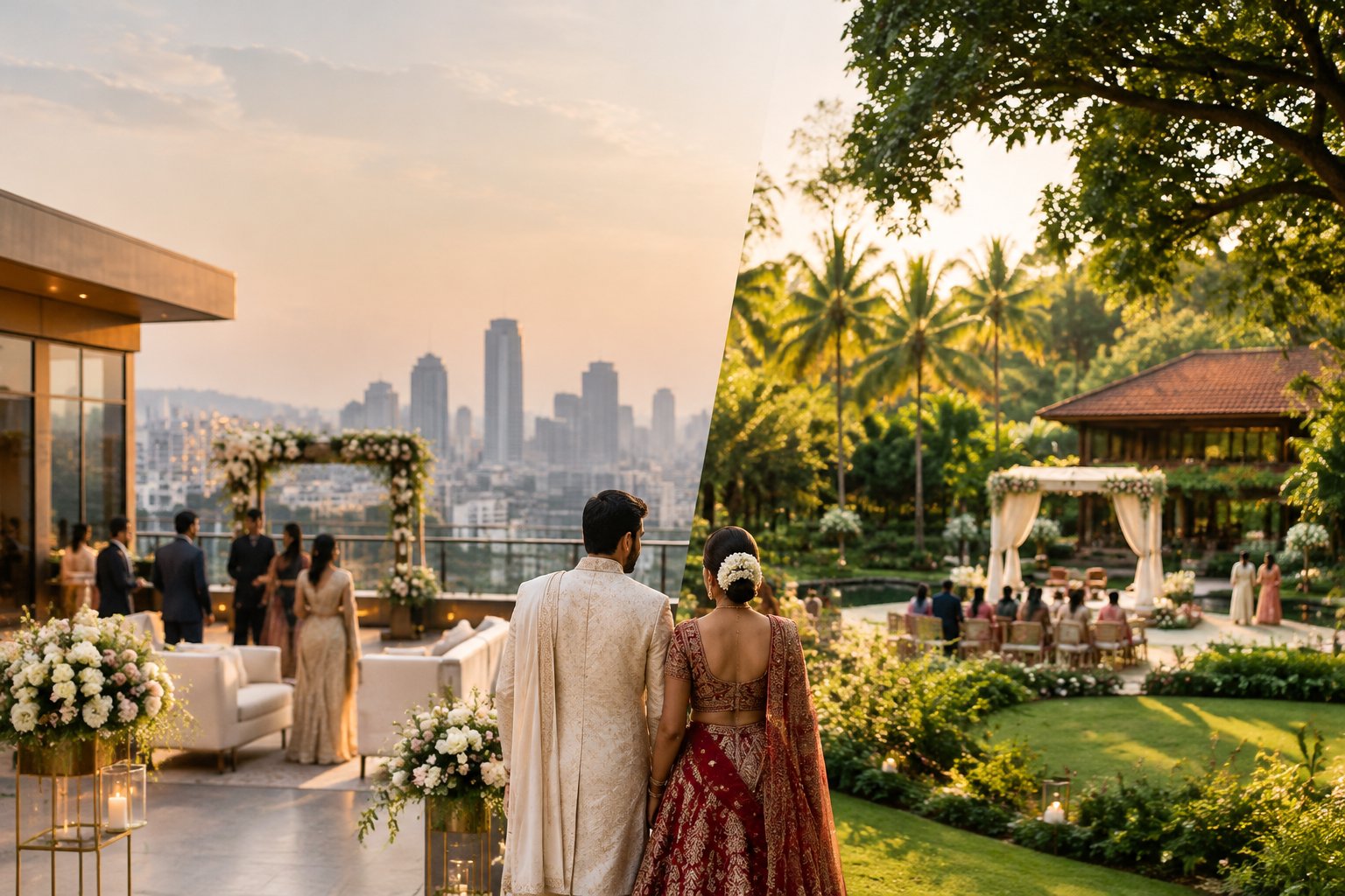 A wedding couple stands between an elegant city venue and a garden resort.