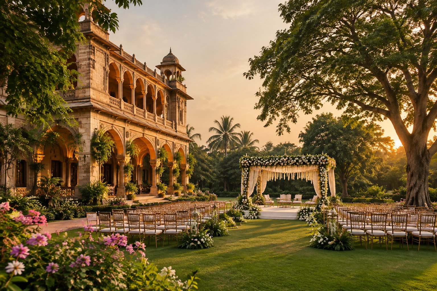 A garden wedding venue beside a heritage-style mansion.