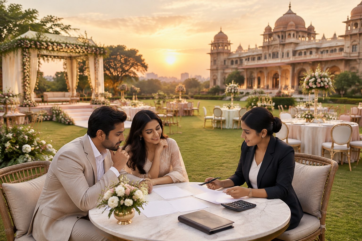 A couple discusses wedding venue options with a planner at an elegant outdoor reception venue.