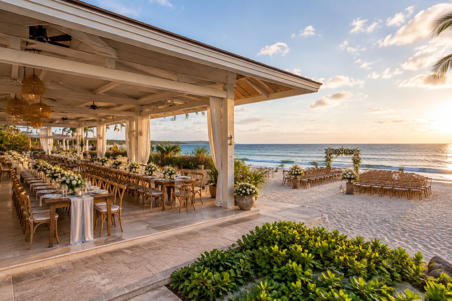 A spacious wedding venue set beside a sandy beach and the ocean.