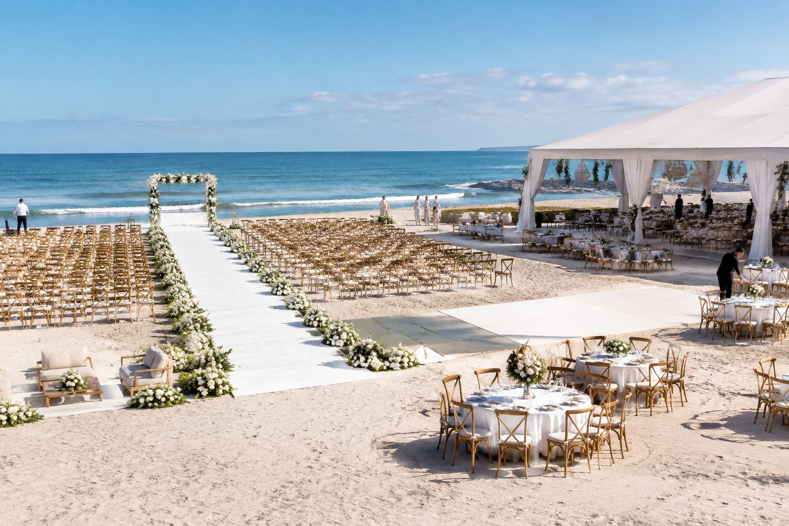 A spacious oceanfront wedding venue with rows of chairs and reception tables.