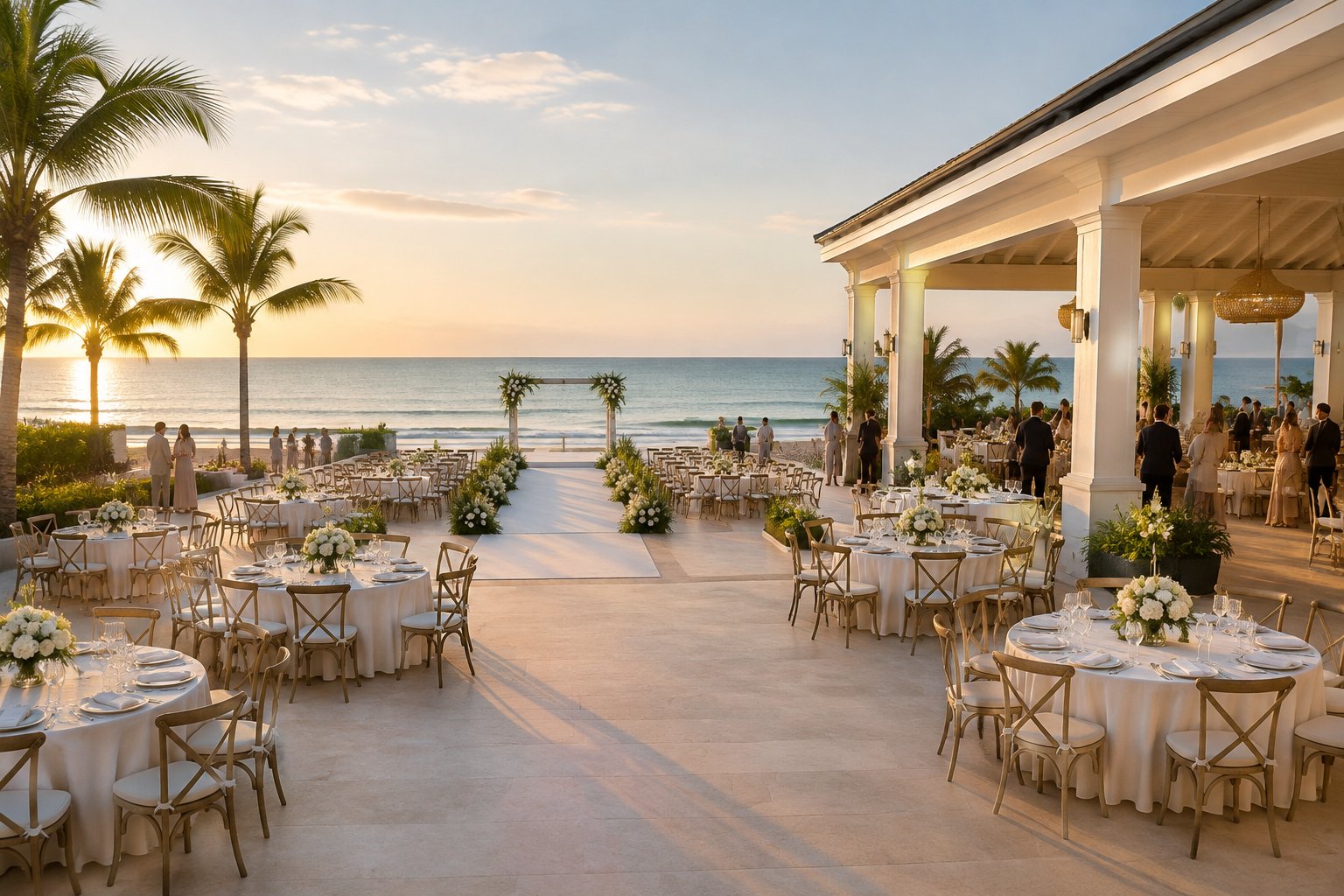 A spacious wedding venue beside the ocean, arranged for a celebration.