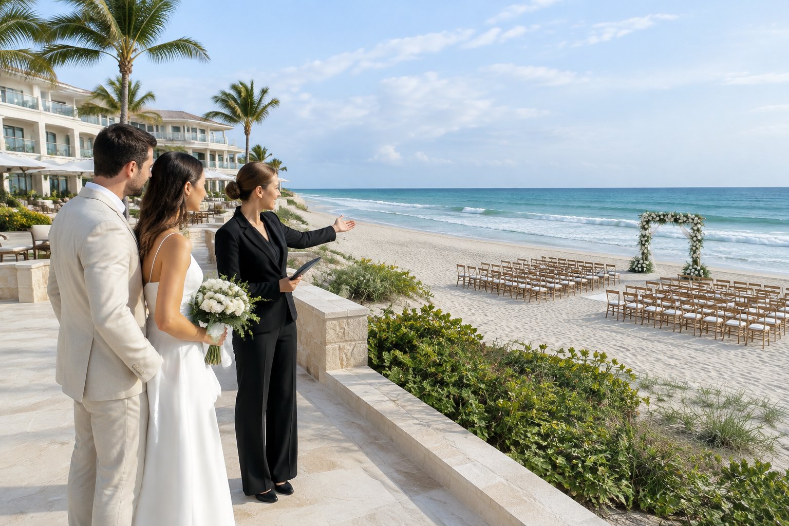 A couple and venue coordinator look toward a wedding ceremony setup on the sand beside the ocean.
