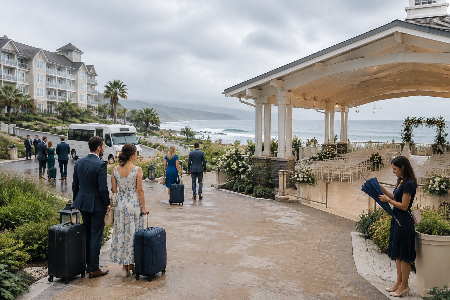 Wedding guests arrive with luggage at a coastal venue as clouds gather over the ocean.