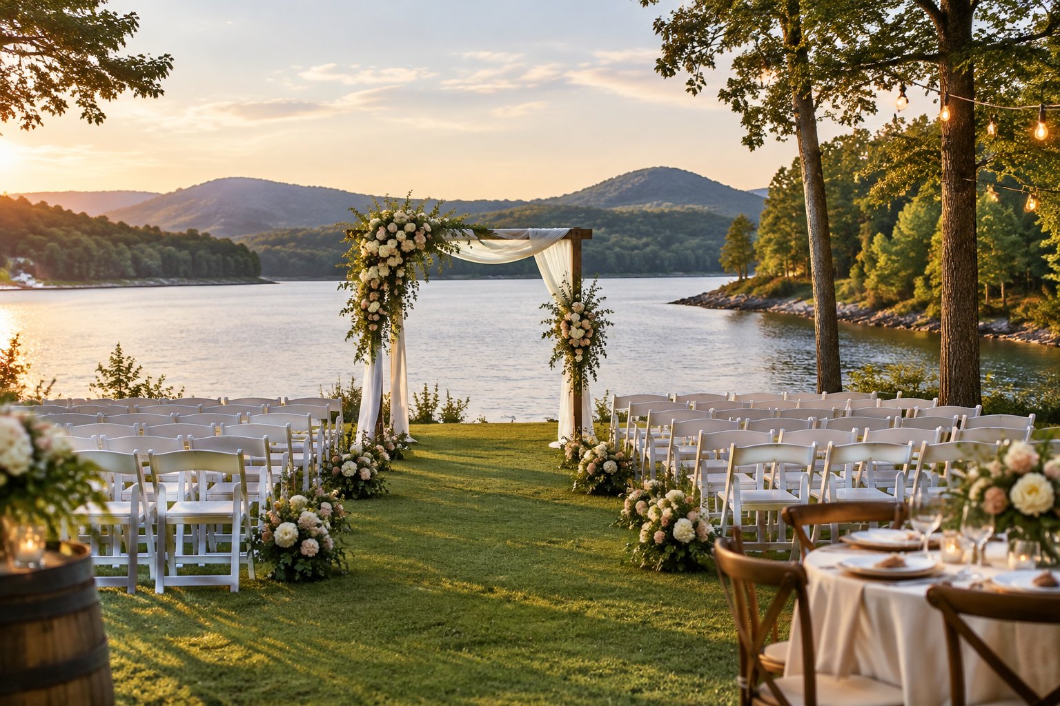 A wedding ceremony setup beside a calm lake with wooded hills in the distance.