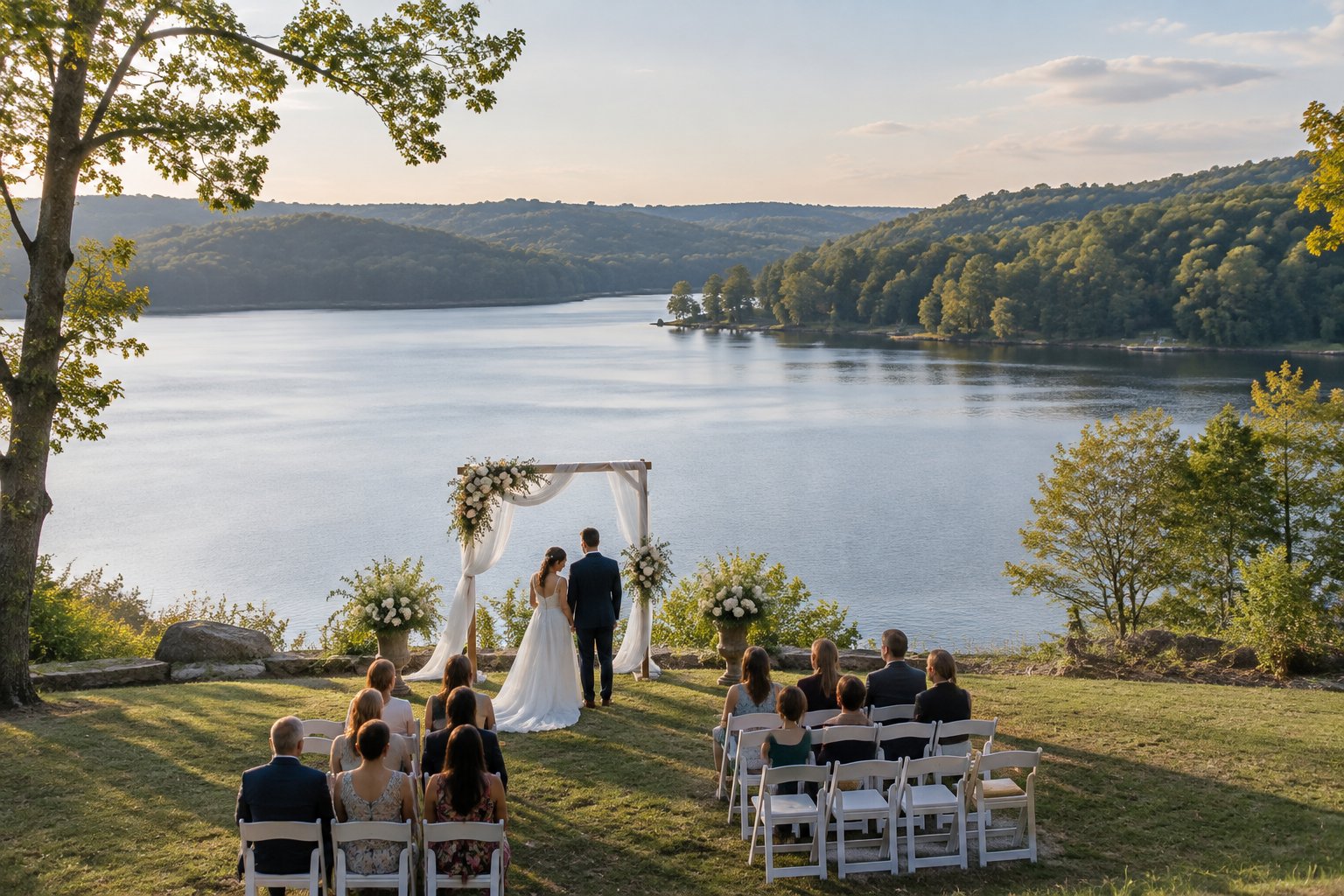 A couple stands beneath a floral wedding arch beside a lake as guests watch.