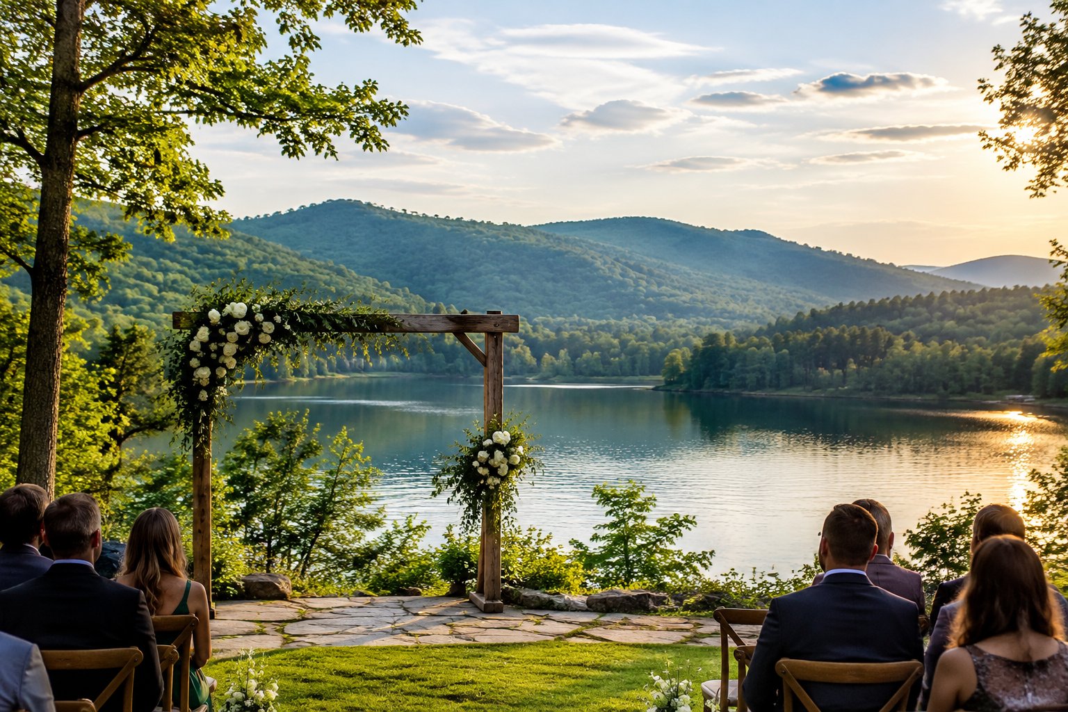 An outdoor wedding ceremony beside a lake with wooded hills in the background.