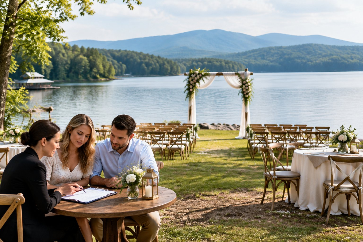 A couple and wedding planner review papers beside a simple wedding setup on a lakeshore.