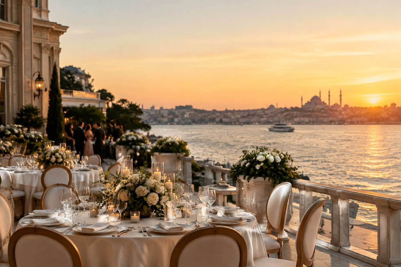 A wedding reception set on an Istanbul waterfront terrace overlooking the Bosphorus.