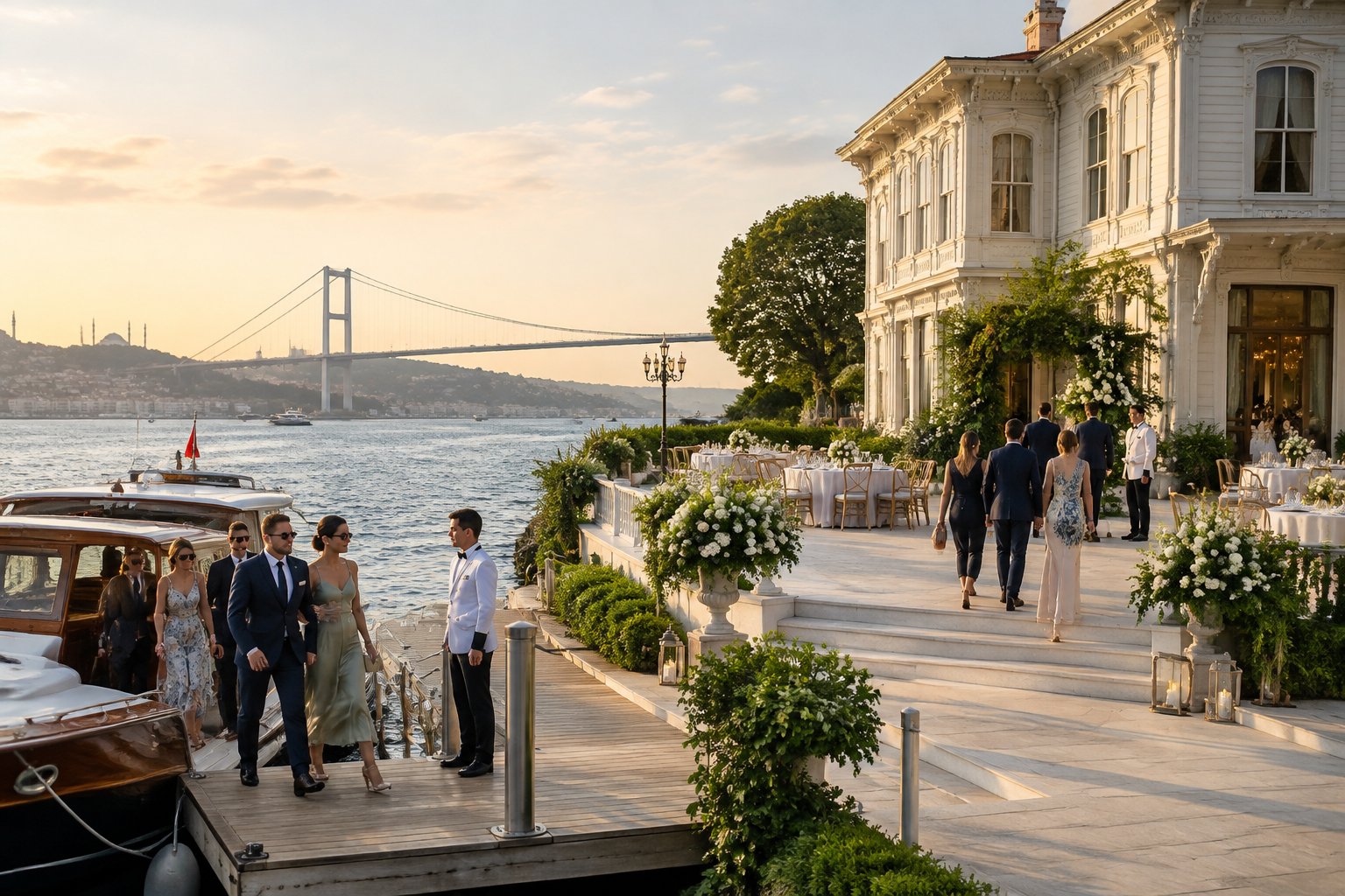 Wedding guests arrive by boat at a waterfront venue in Istanbul.