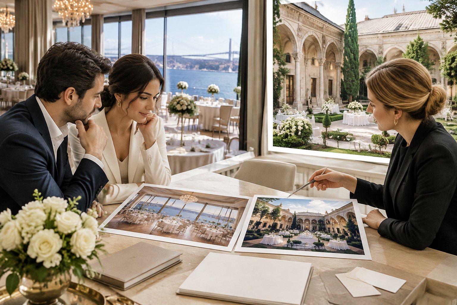 A couple and wedding planner compare two Istanbul wedding venues beside a window.