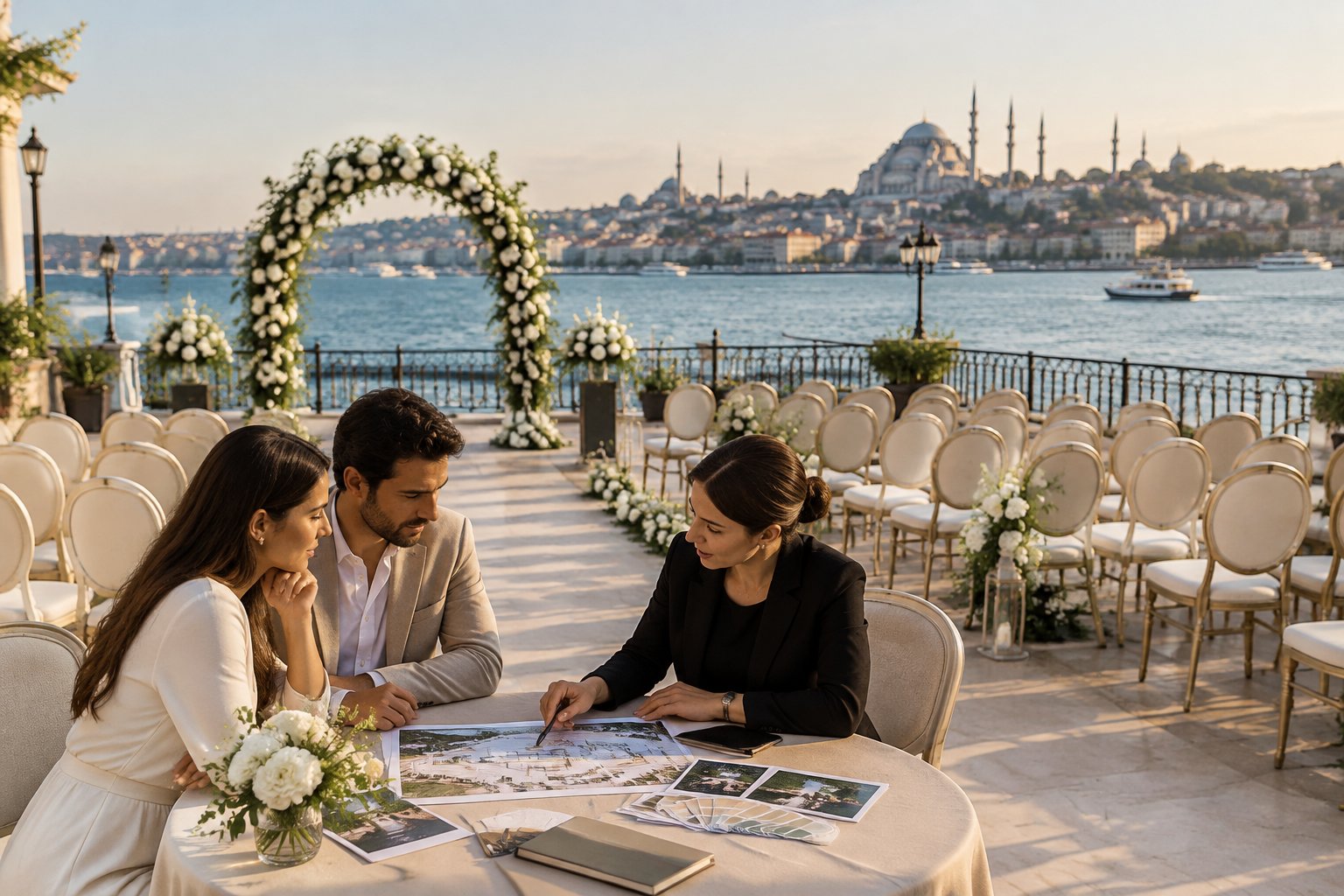 A couple and wedding planner review ceremony arrangements on a waterfront terrace overlooking Istanbul.