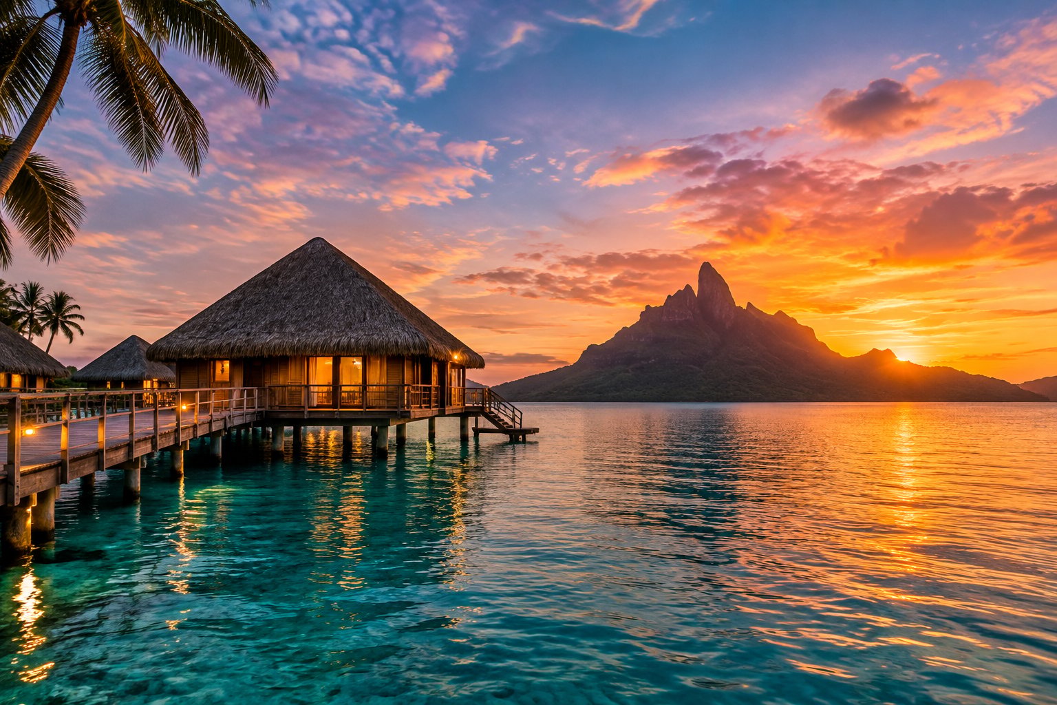 An overwater bungalow sits above a calm lagoon at sunset, with Mount Otemanu in the distance.