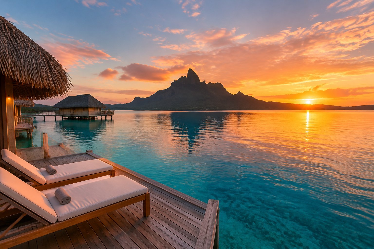 An overwater bungalow overlooks a calm Bora Bora lagoon and Mount Otemanu at sunset.