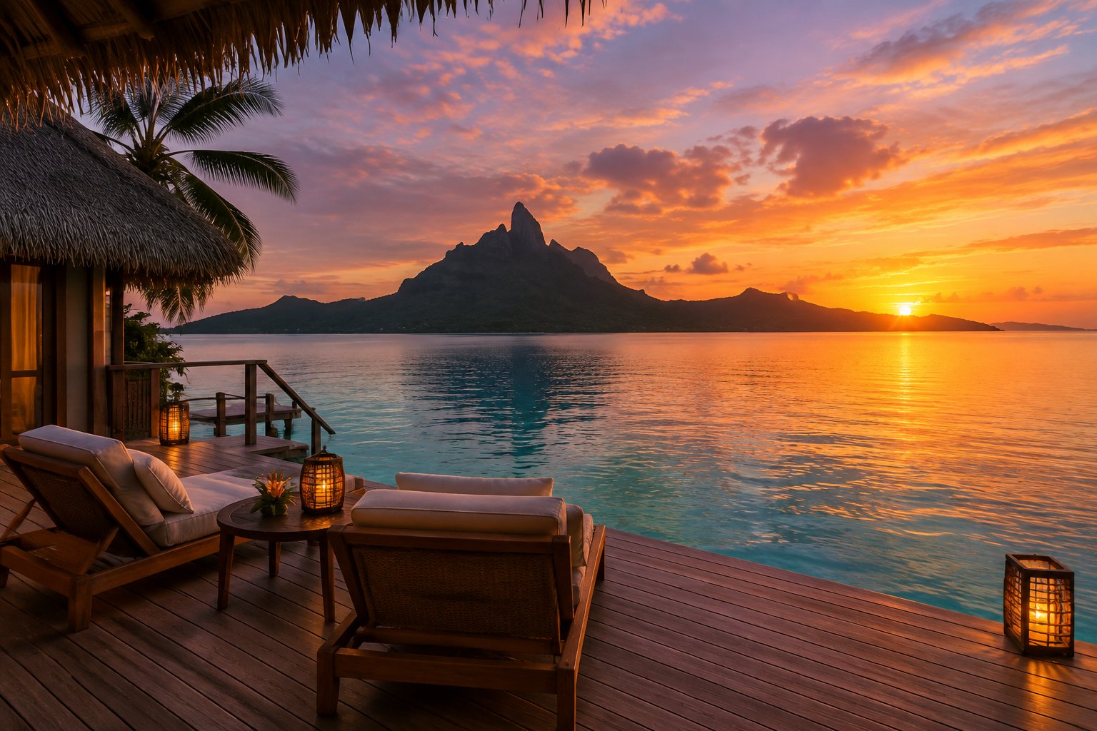 An overwater bungalow deck faces a colorful sunset over Bora Bora’s lagoon and Mount Otemanu.