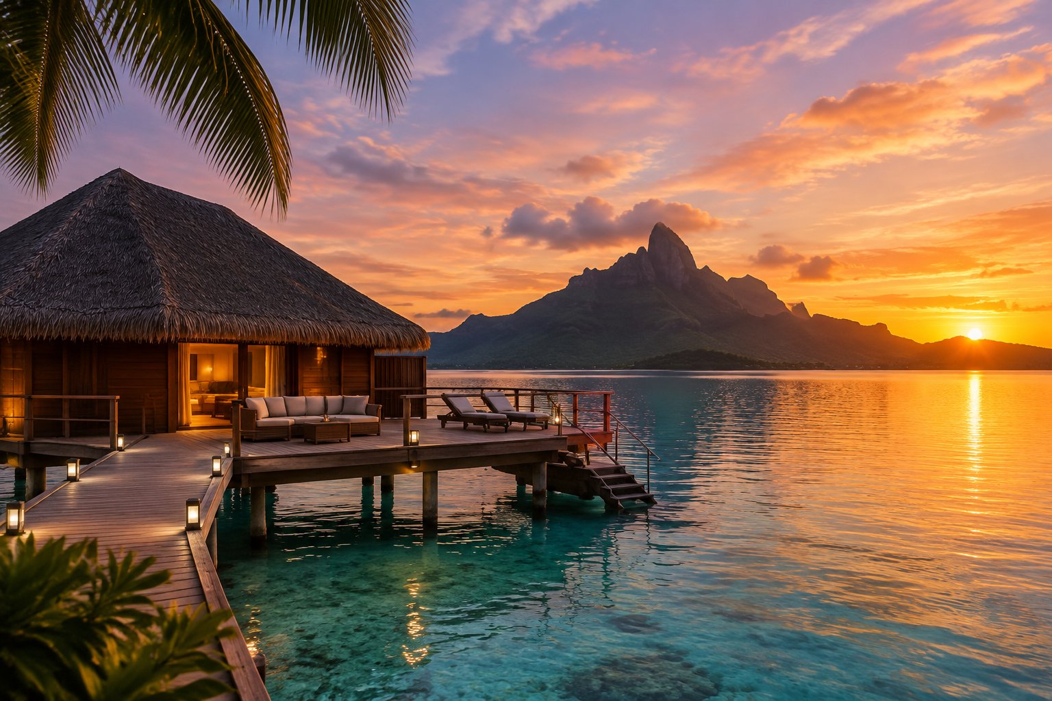 An overwater bungalow faces a colorful sunset across Bora Bora’s lagoon.