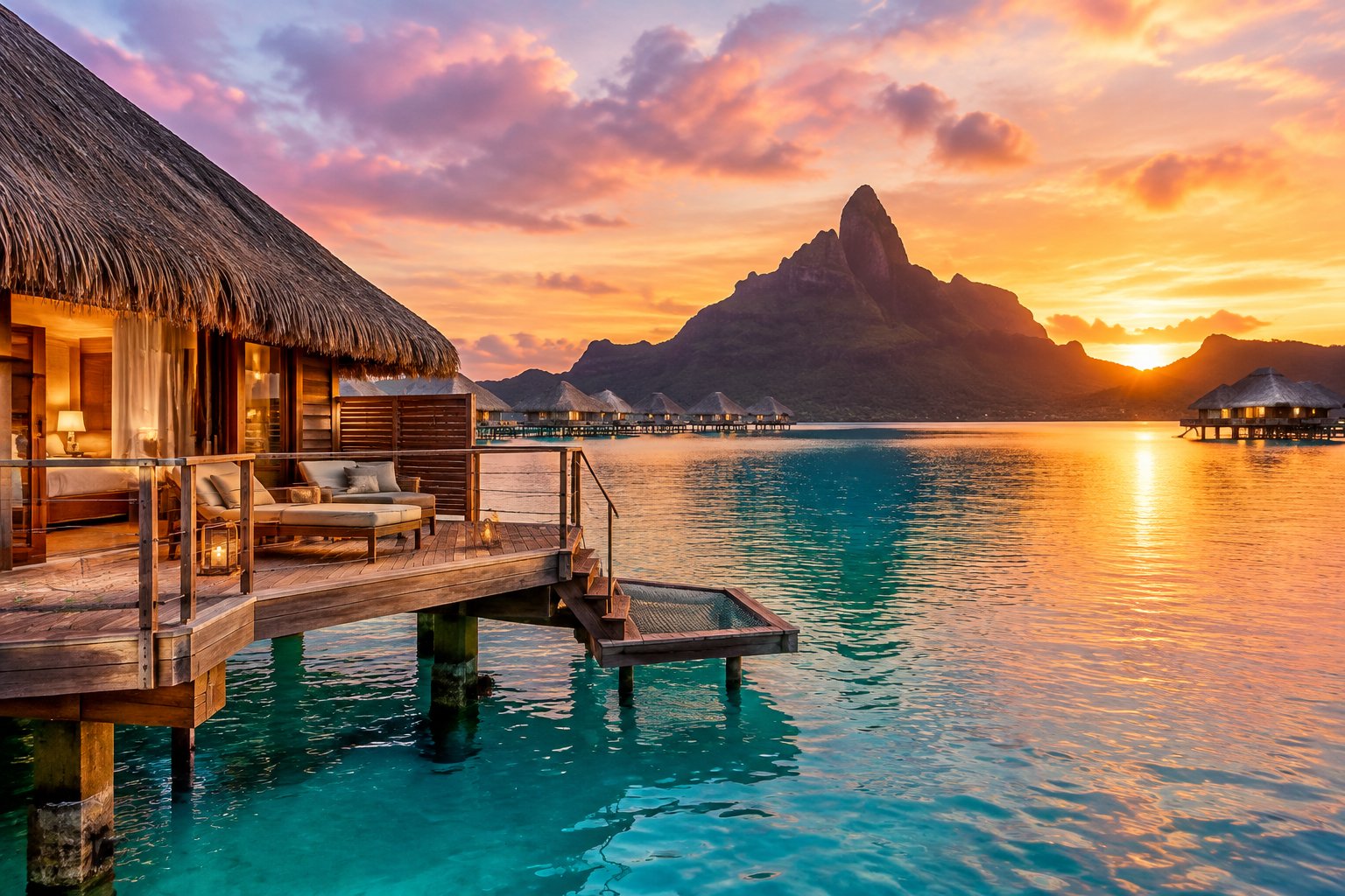 An overwater bungalow overlooks Bora Bora’s lagoon and Mount Otemanu at sunset.
