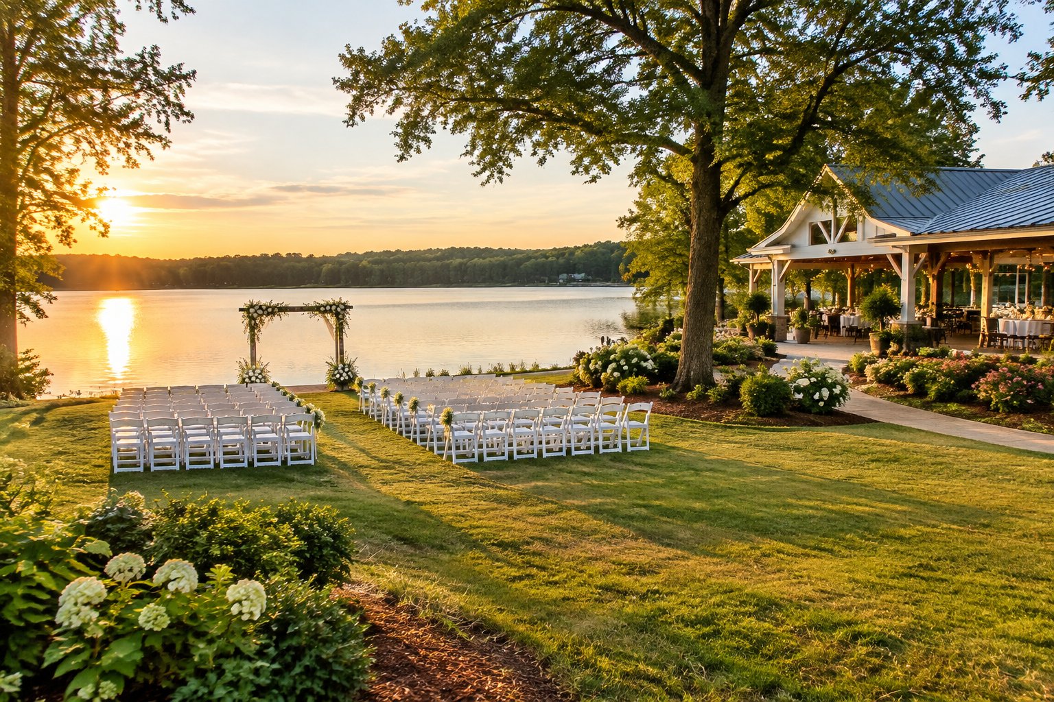 A wedding ceremony setup beside a calm lake.