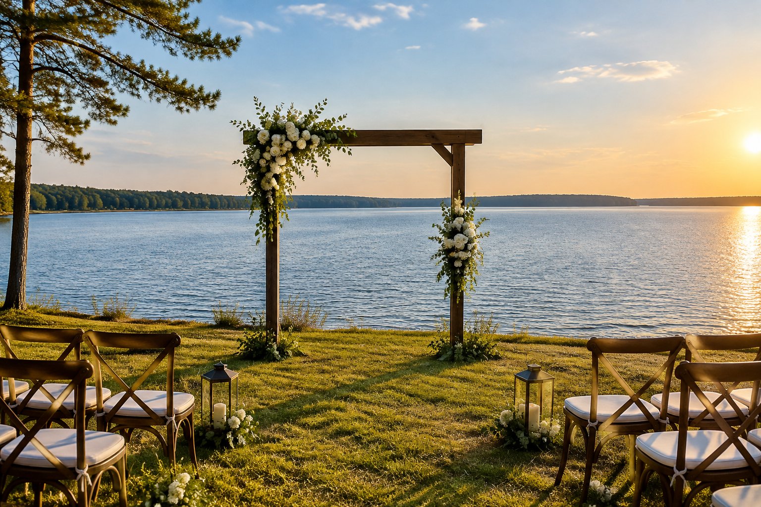 A flower-decorated wedding arch and chairs beside a calm lake.