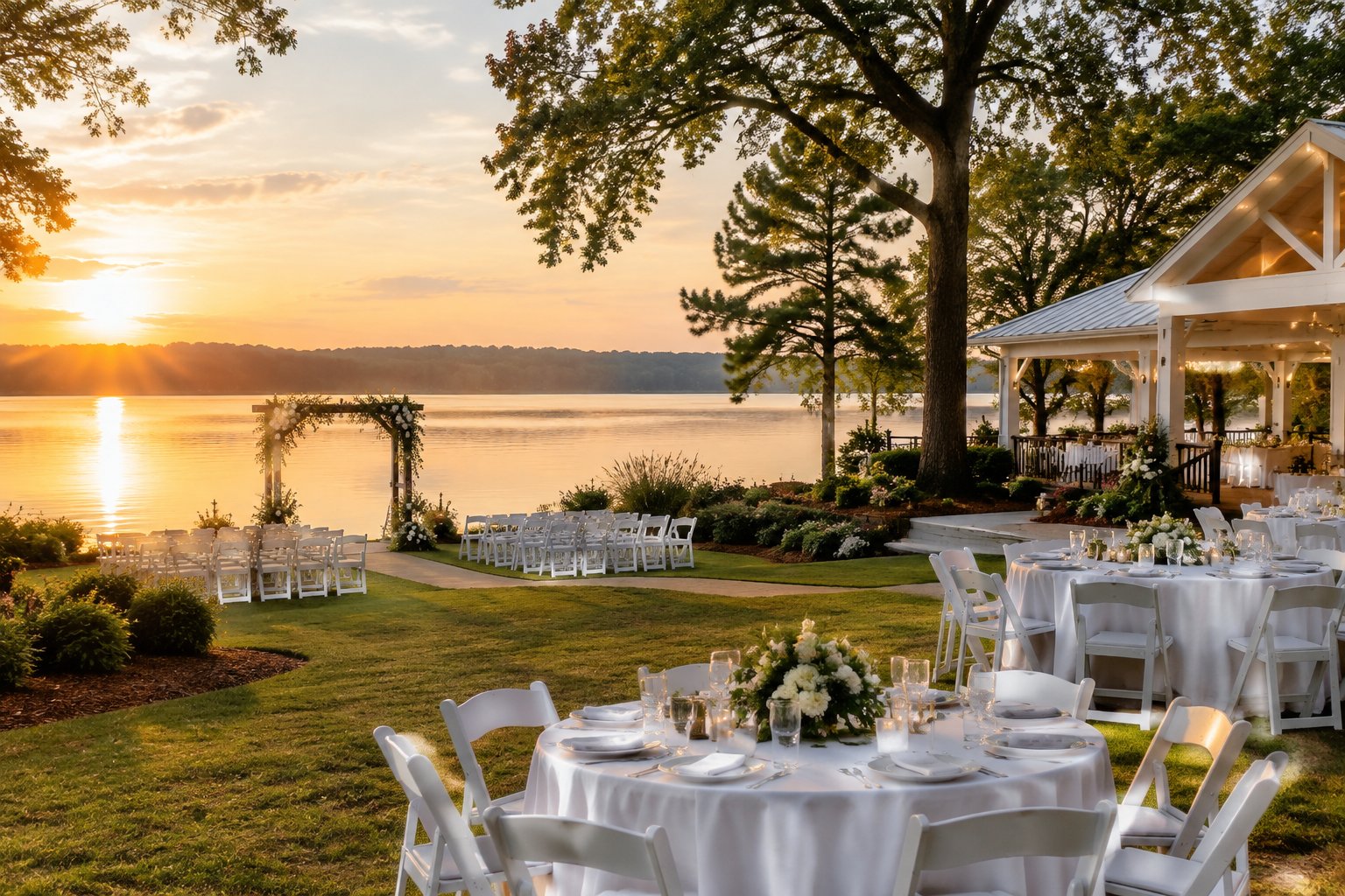 A wedding reception setup beside a calm lake.