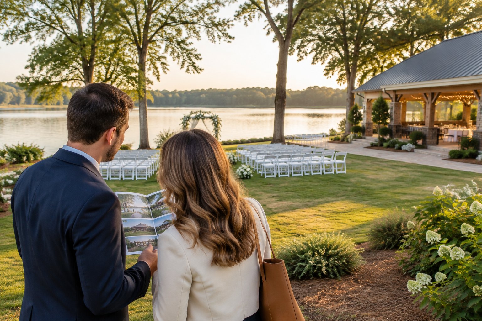 A couple reviews venue options beside a lakeside wedding ceremony setup.