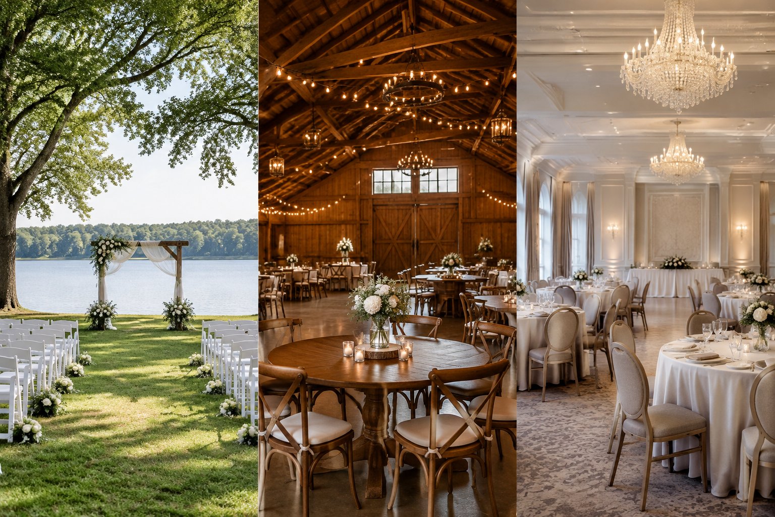 A lakefront ceremony, rustic barn reception, and elegant ballroom shown side by side.