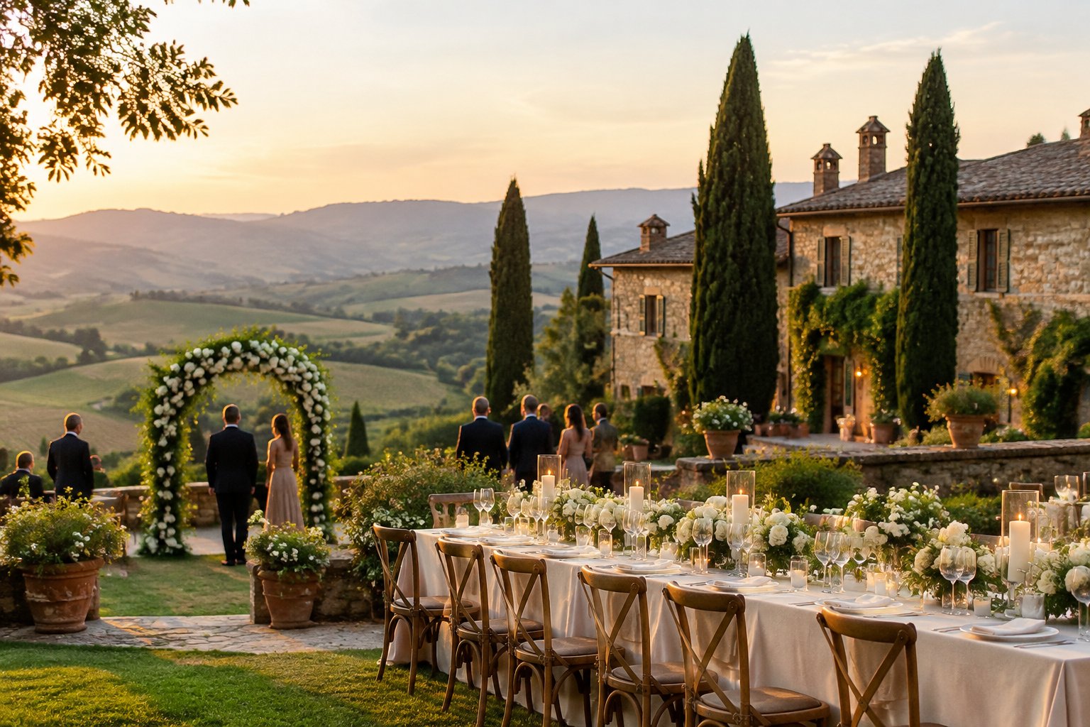 A wedding reception set outside a stone villa among Tuscan hills and cypress trees.