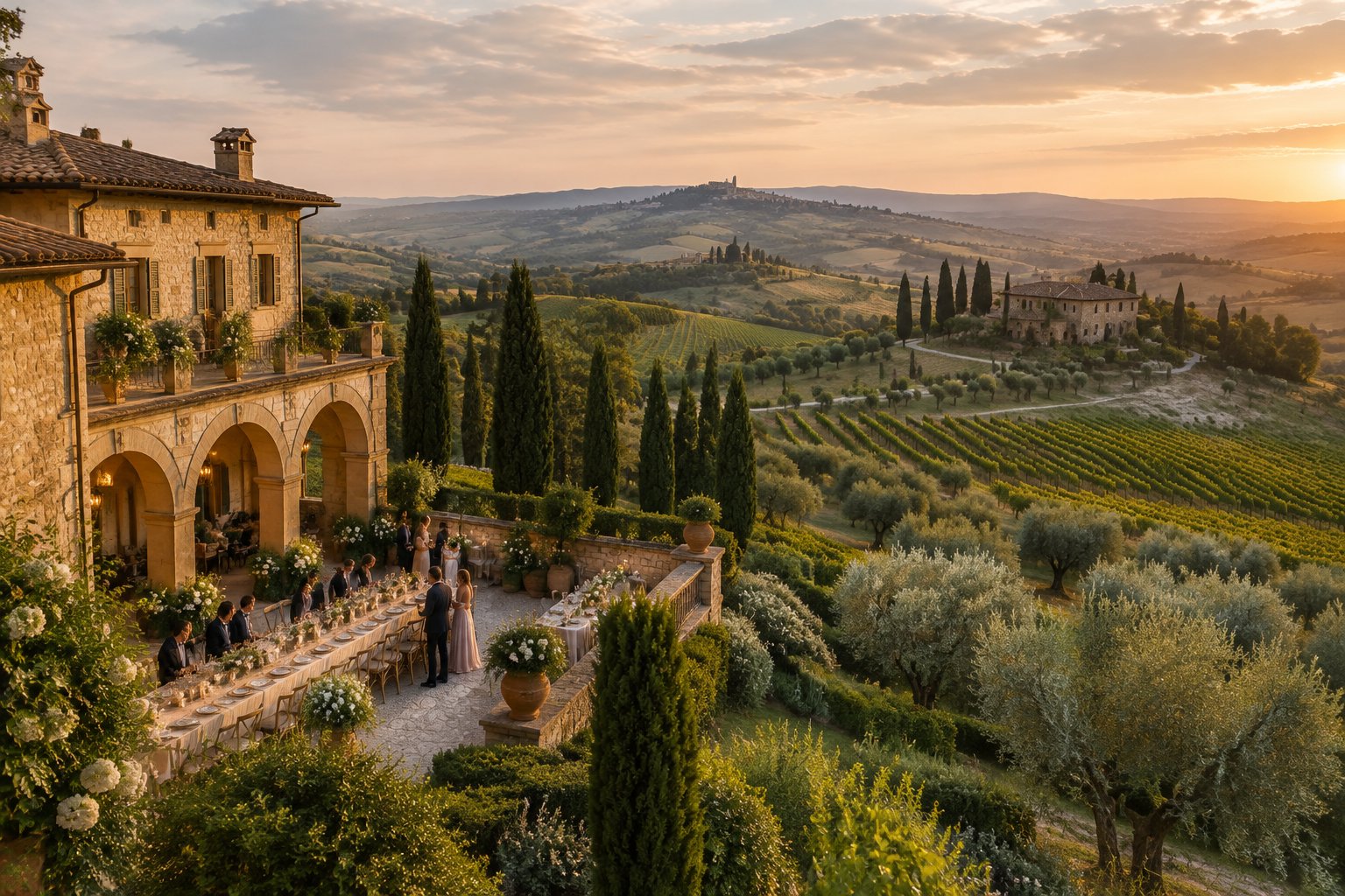 A wedding reception set outside a Renaissance villa among Tuscan vineyards.