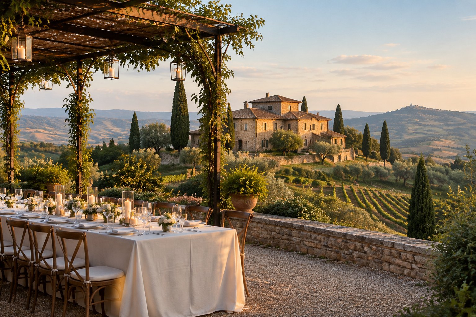 A stone estate and elegant outdoor wedding table overlook the Tuscan countryside.