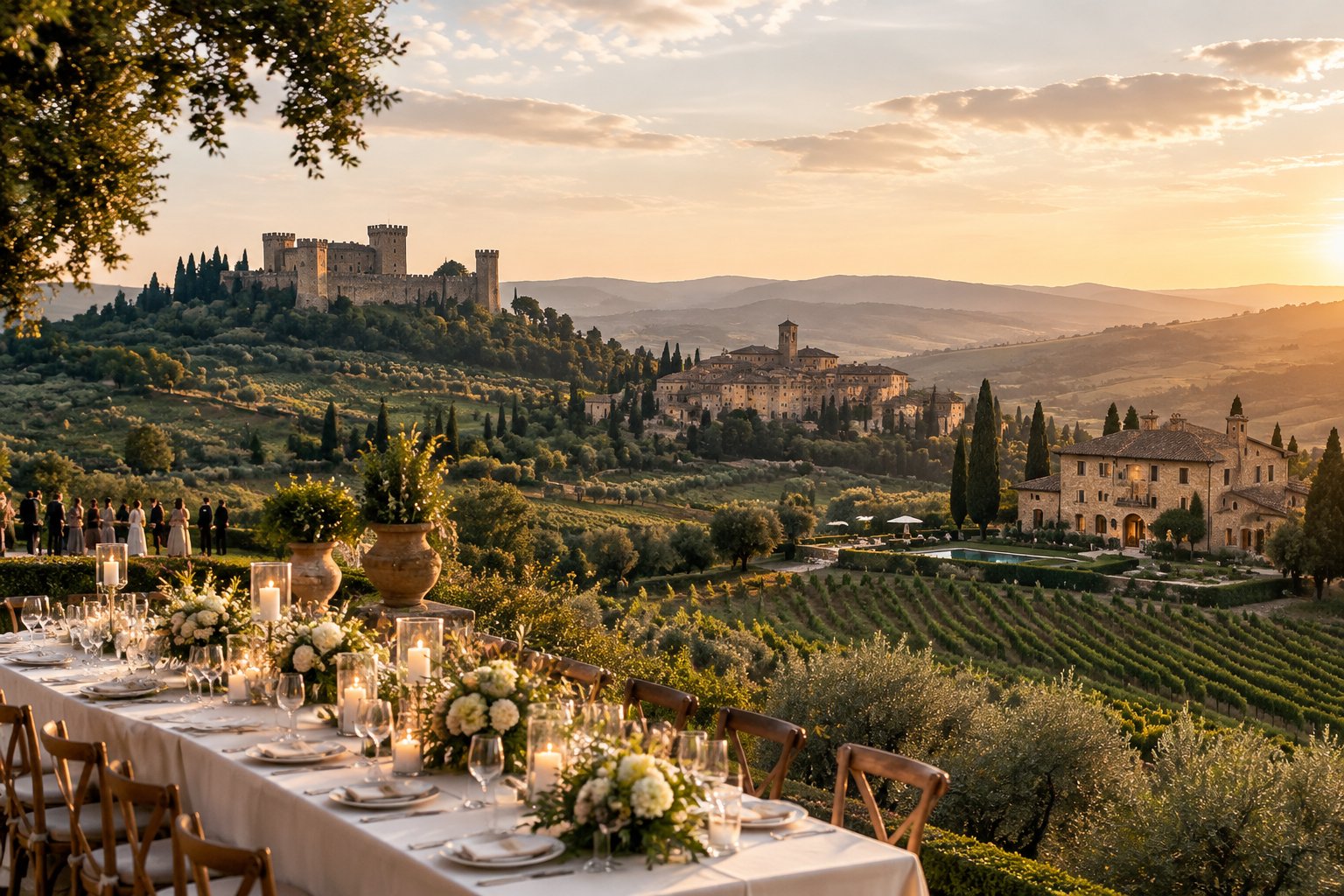 A wedding reception in the Tuscan countryside, with a stone castle, village, and villa among the hills.
