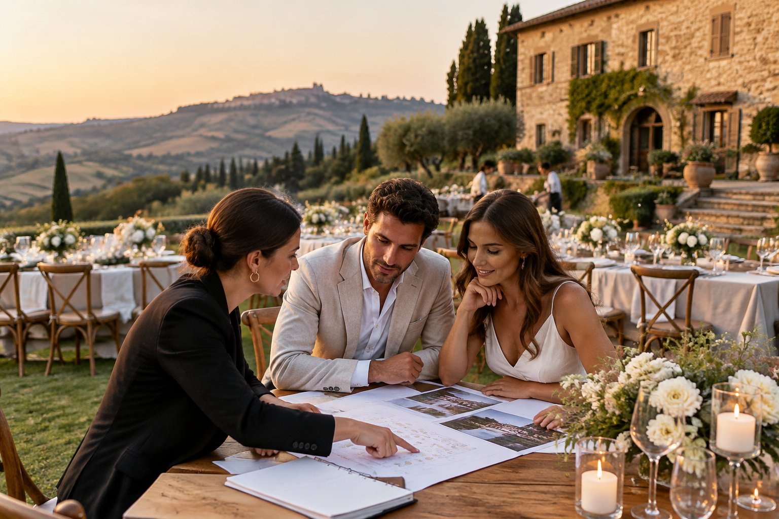 A couple and wedding planner review a seating plan at a reception table outside a Tuscan villa.