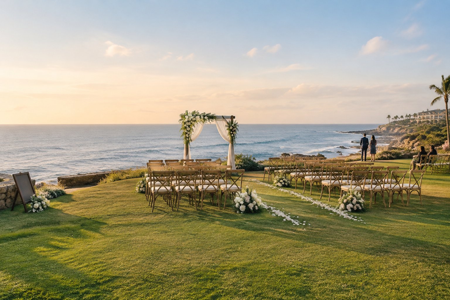 A wedding ceremony setup overlooking the ocean at a beachside venue.