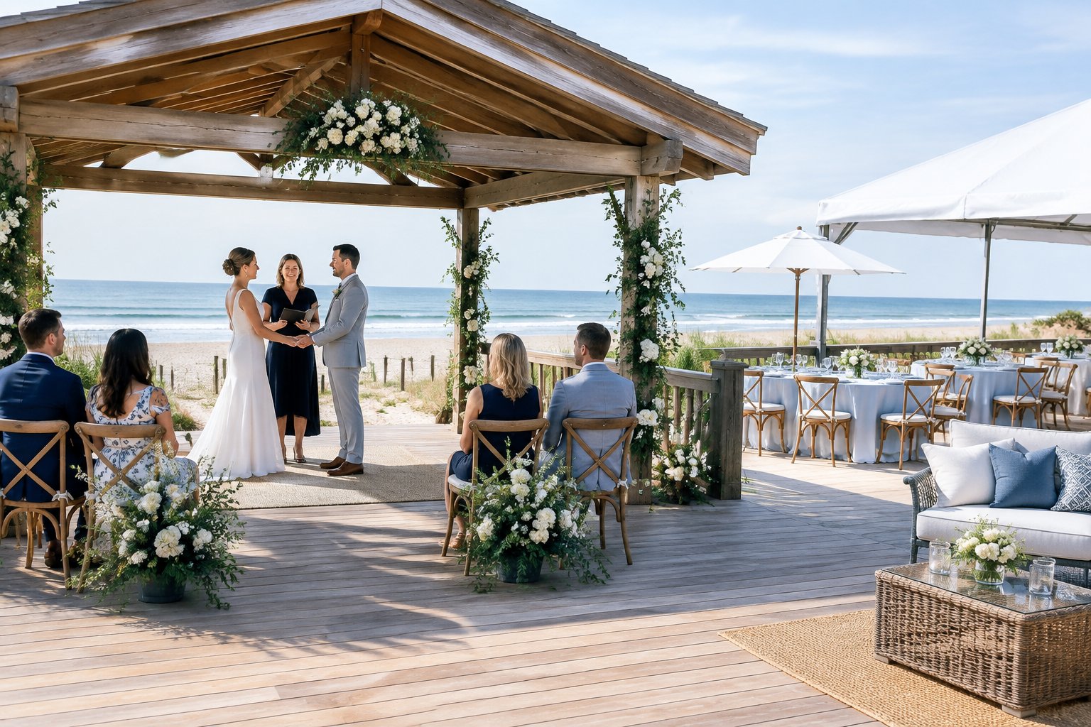 A couple and guests gather for a wedding ceremony at a seaside venue.