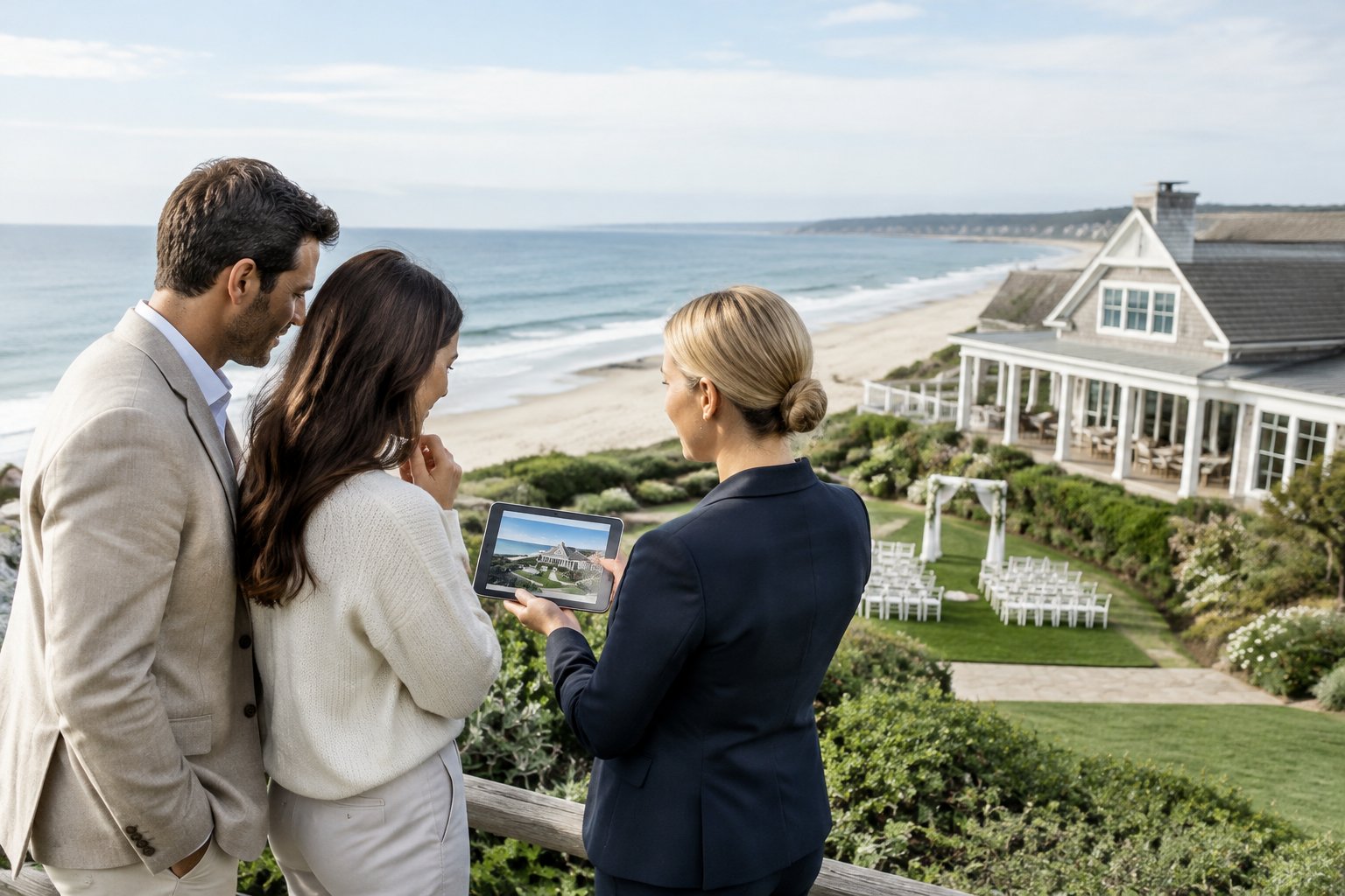 A couple and wedding planner review venue options while overlooking a seaside wedding venue.