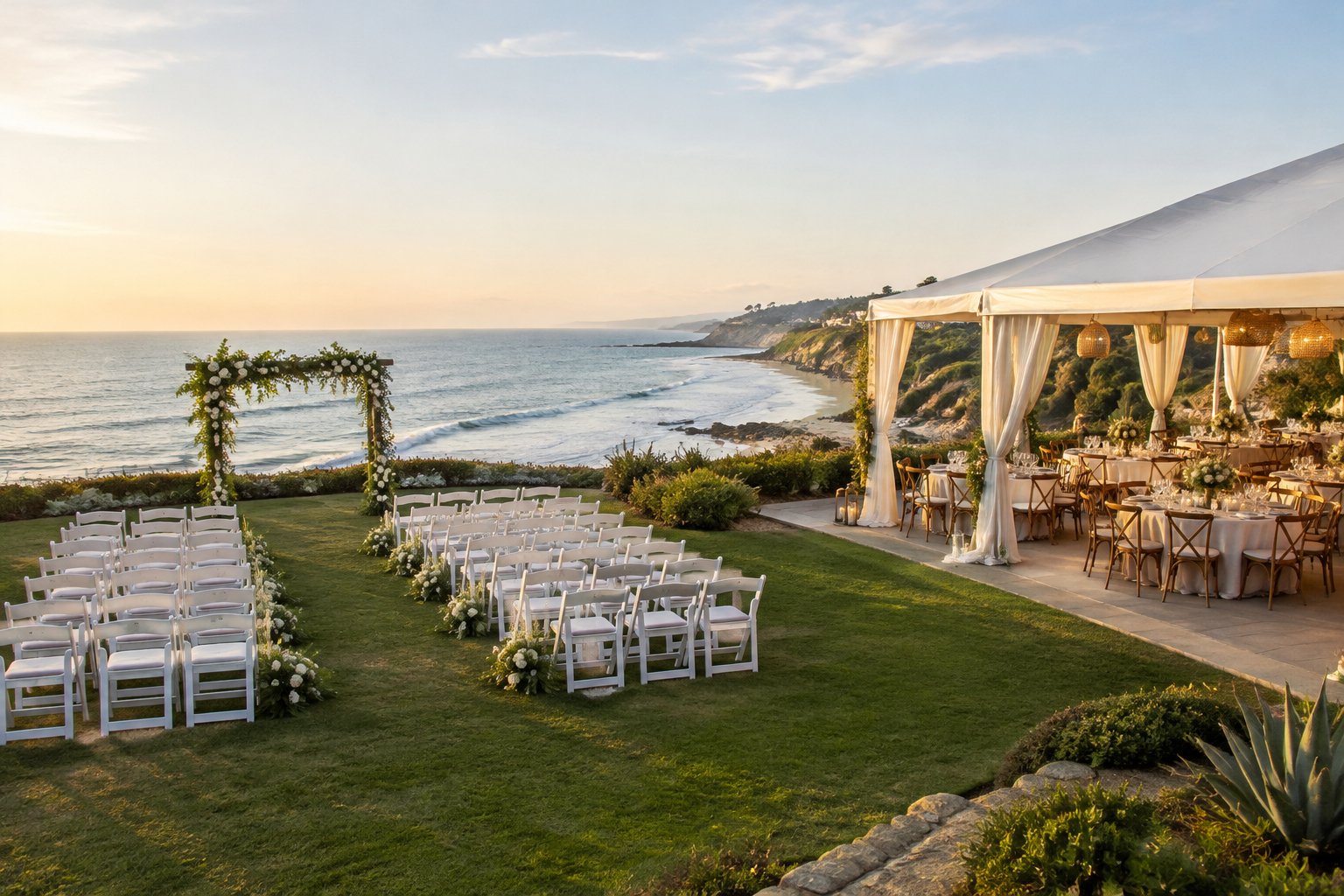 A beachside wedding venue with a ceremony setup and a decorated reception area.