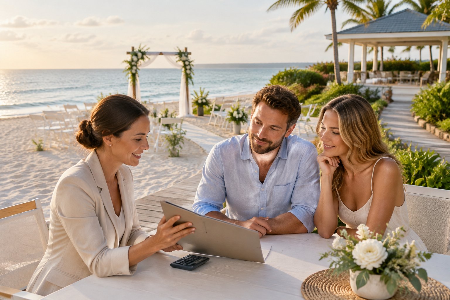 A couple and wedding planner review a folder and calculator beside a beach wedding ceremony setup.