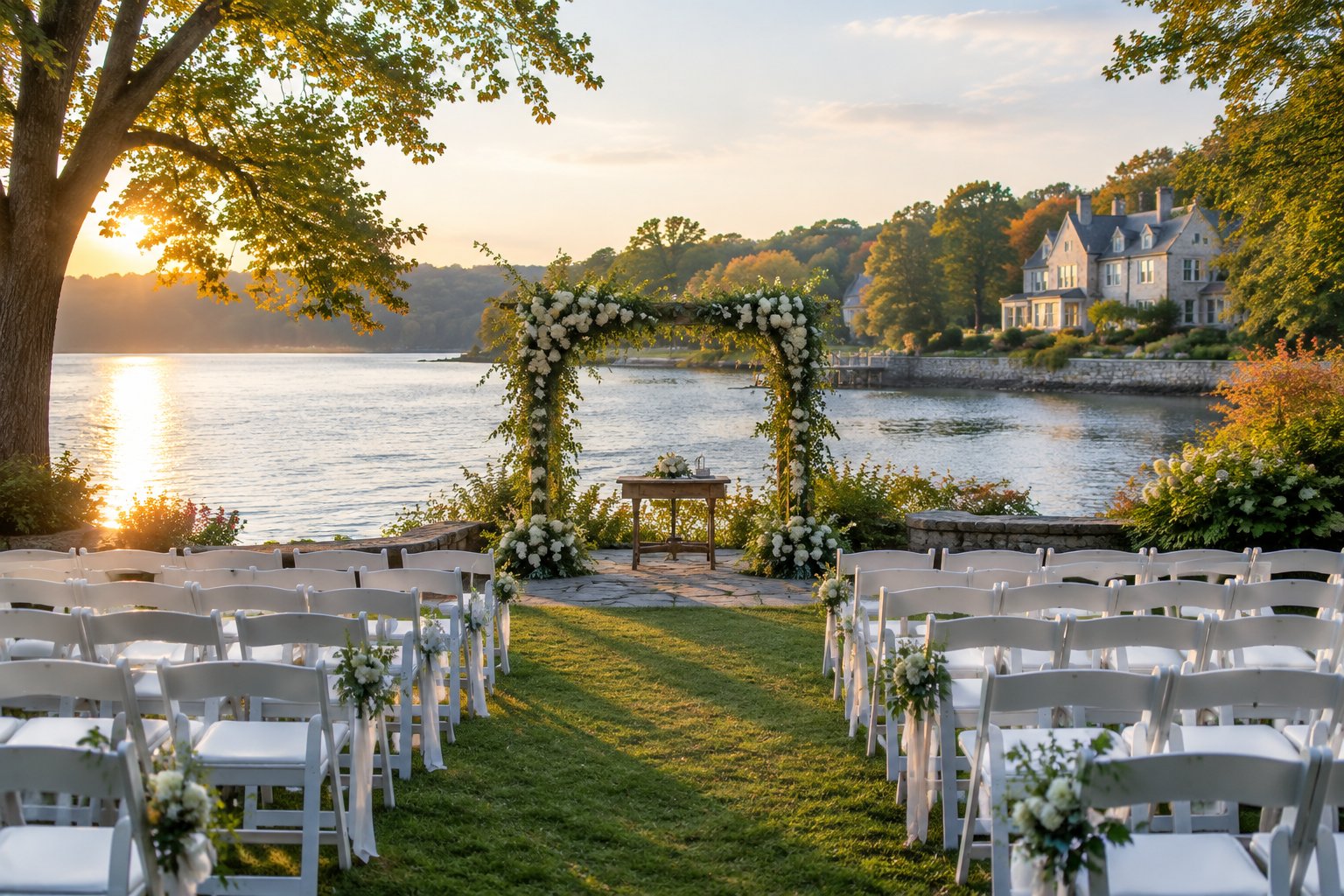 A wedding ceremony setup beside a calm lake.