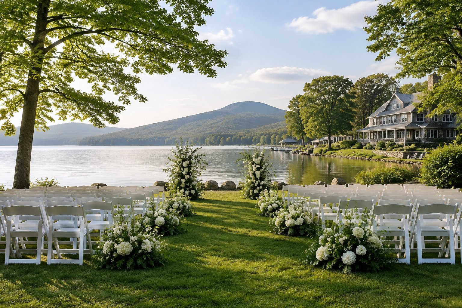 An outdoor wedding ceremony setup beside a calm lake, with trees and a venue in the background.