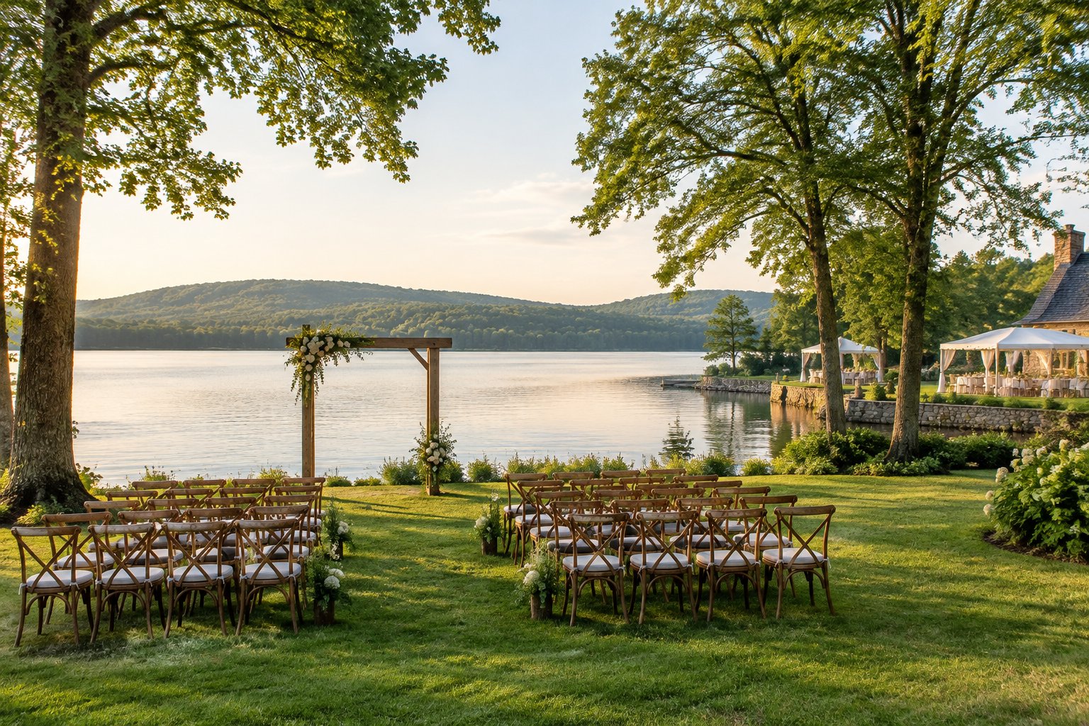 A wedding ceremony setup on a green lawn beside a calm lake.