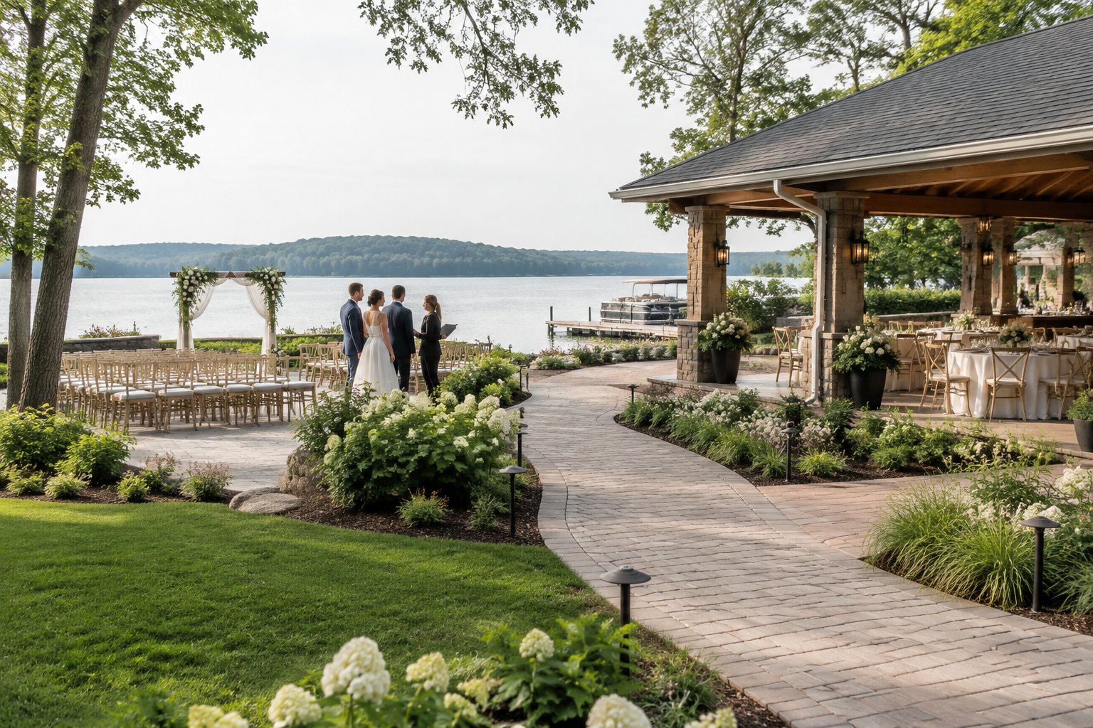 A couple and venue coordinator review a lakeside wedding ceremony and reception space.