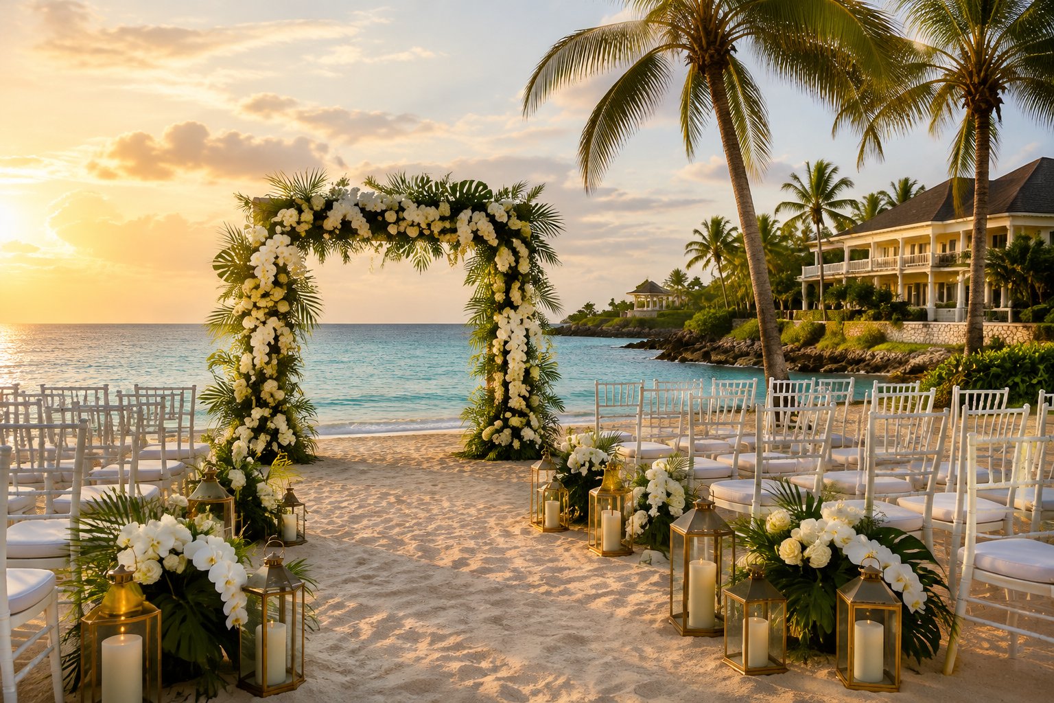 A flower-decorated wedding arch and rows of chairs on a Jamaican beach overlooking turquoise water.