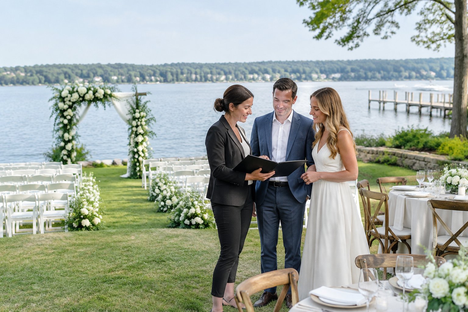 A couple and wedding planner review plans beside a lakeside wedding ceremony setup.