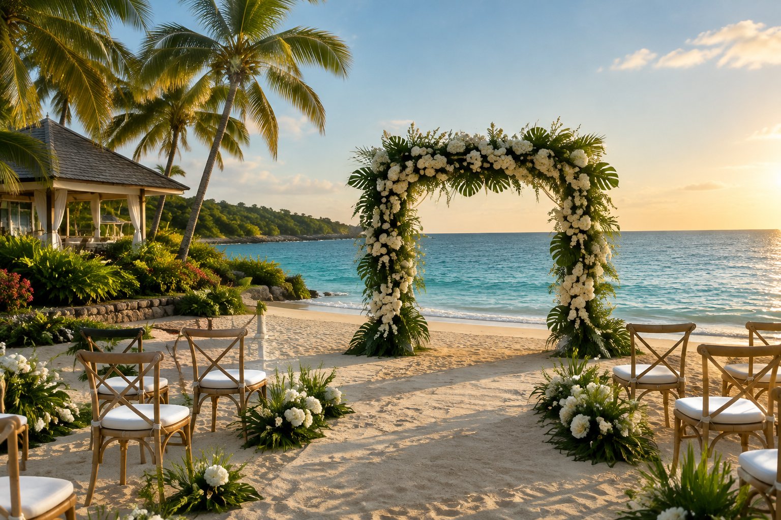A decorated wedding ceremony setup on a sandy Jamaican beach overlooking the ocean.