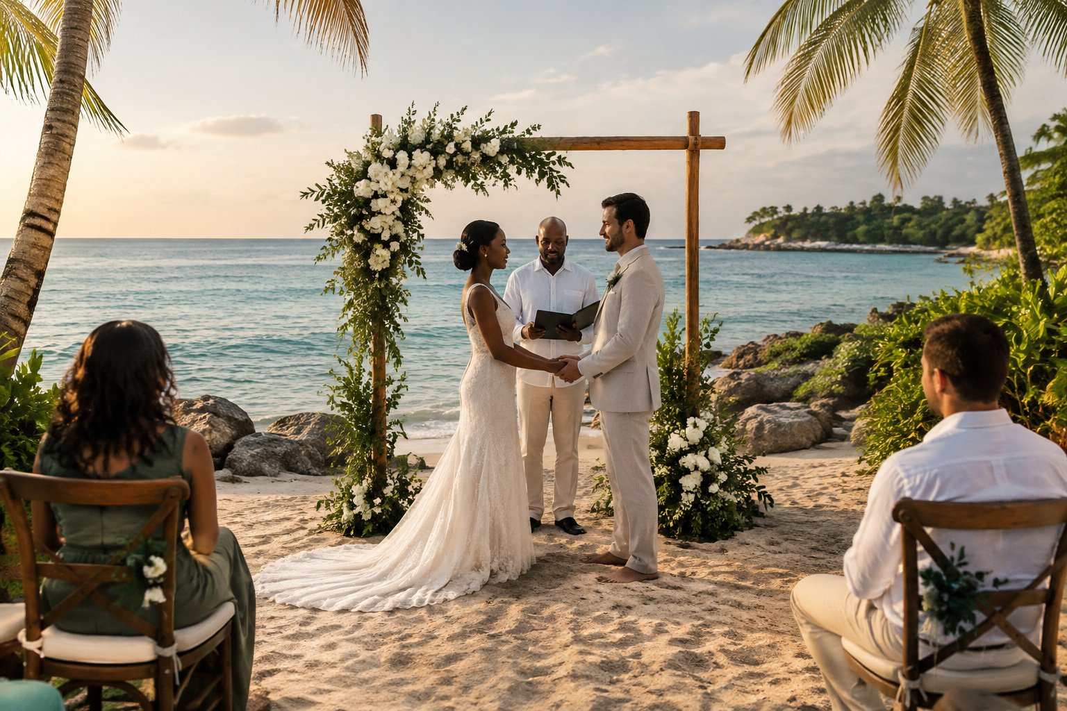 A couple holds a small wedding ceremony beside the sea in Jamaica.