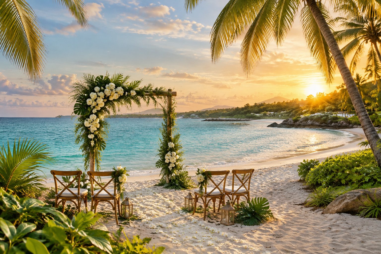 A tropical beach wedding ceremony setup beside turquoise water.
