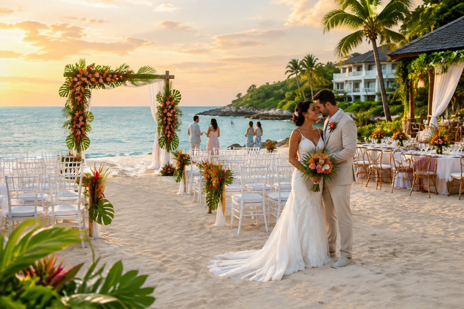 A couple stands beside a floral wedding arch at a beachfront resort in Jamaica.