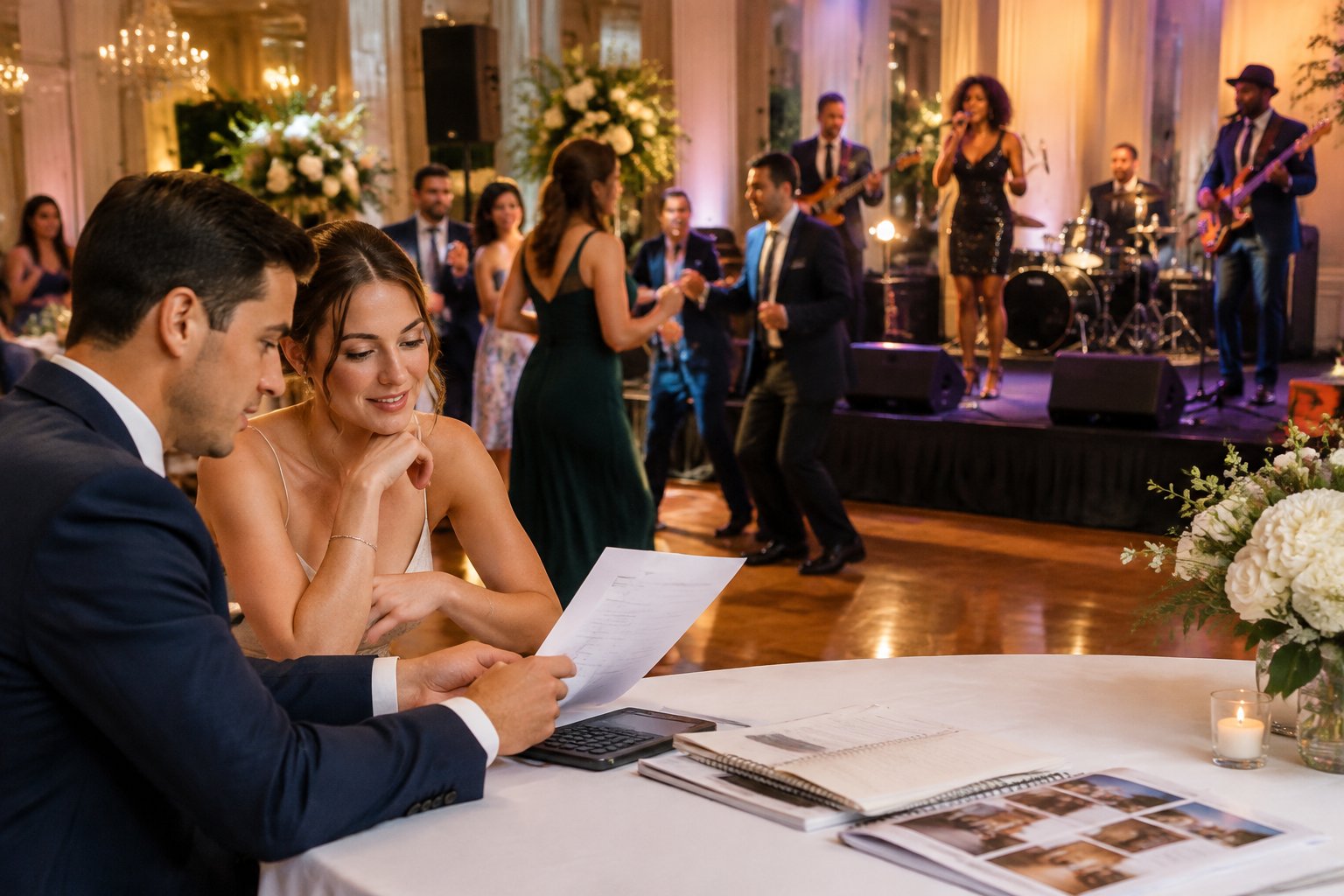 A couple reviews wedding plans while a live band performs at their reception.