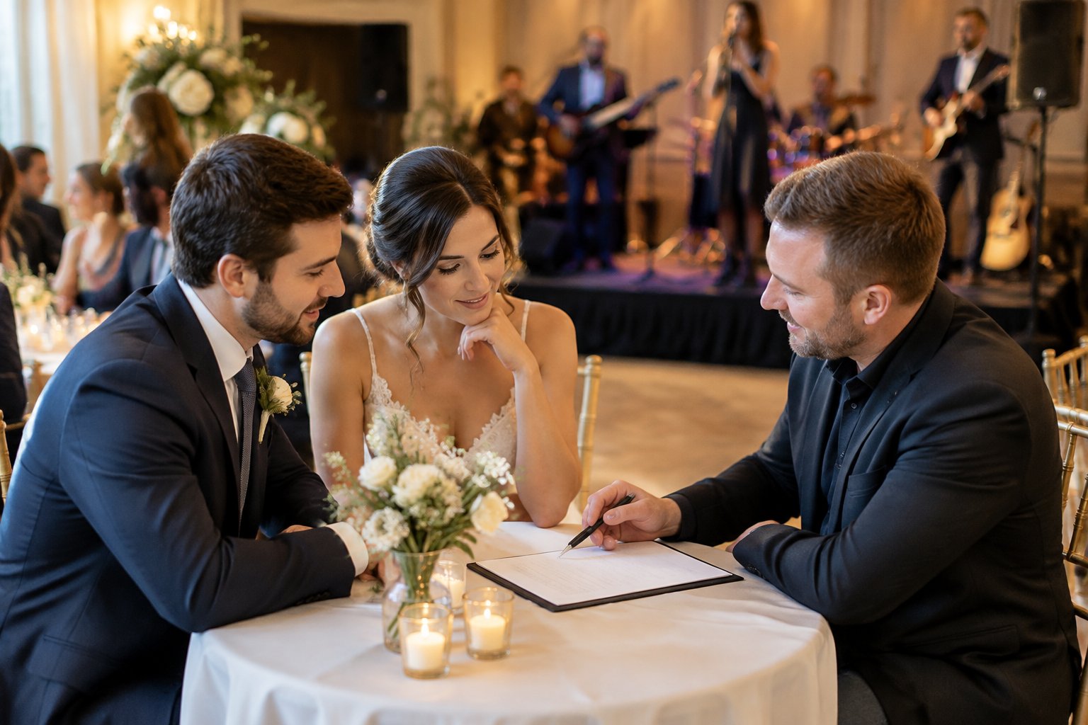 A couple discusses wedding plans with a band representative while musicians perform at their reception.