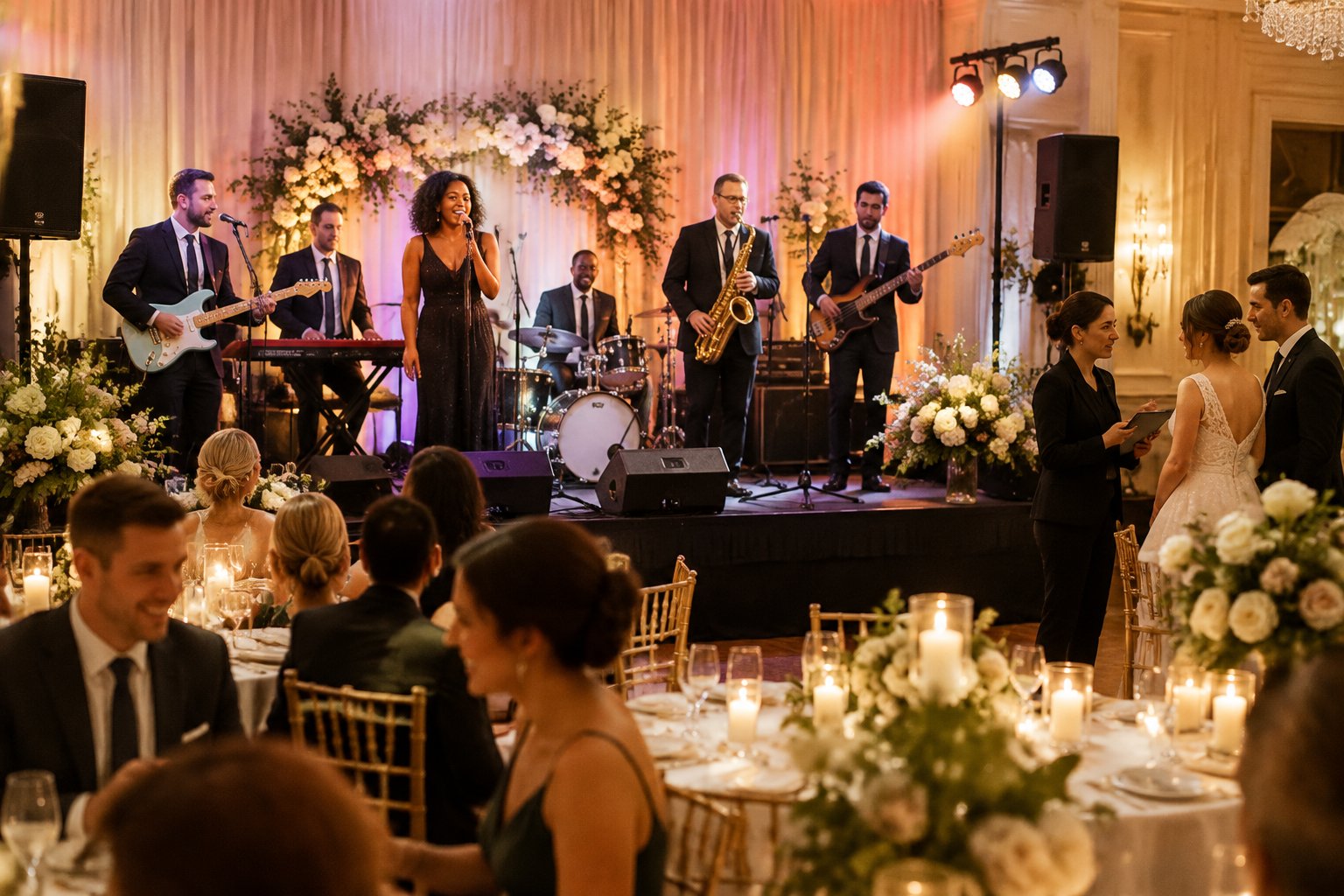 A live band performs at a wedding reception as the couple and planner discuss arrangements.