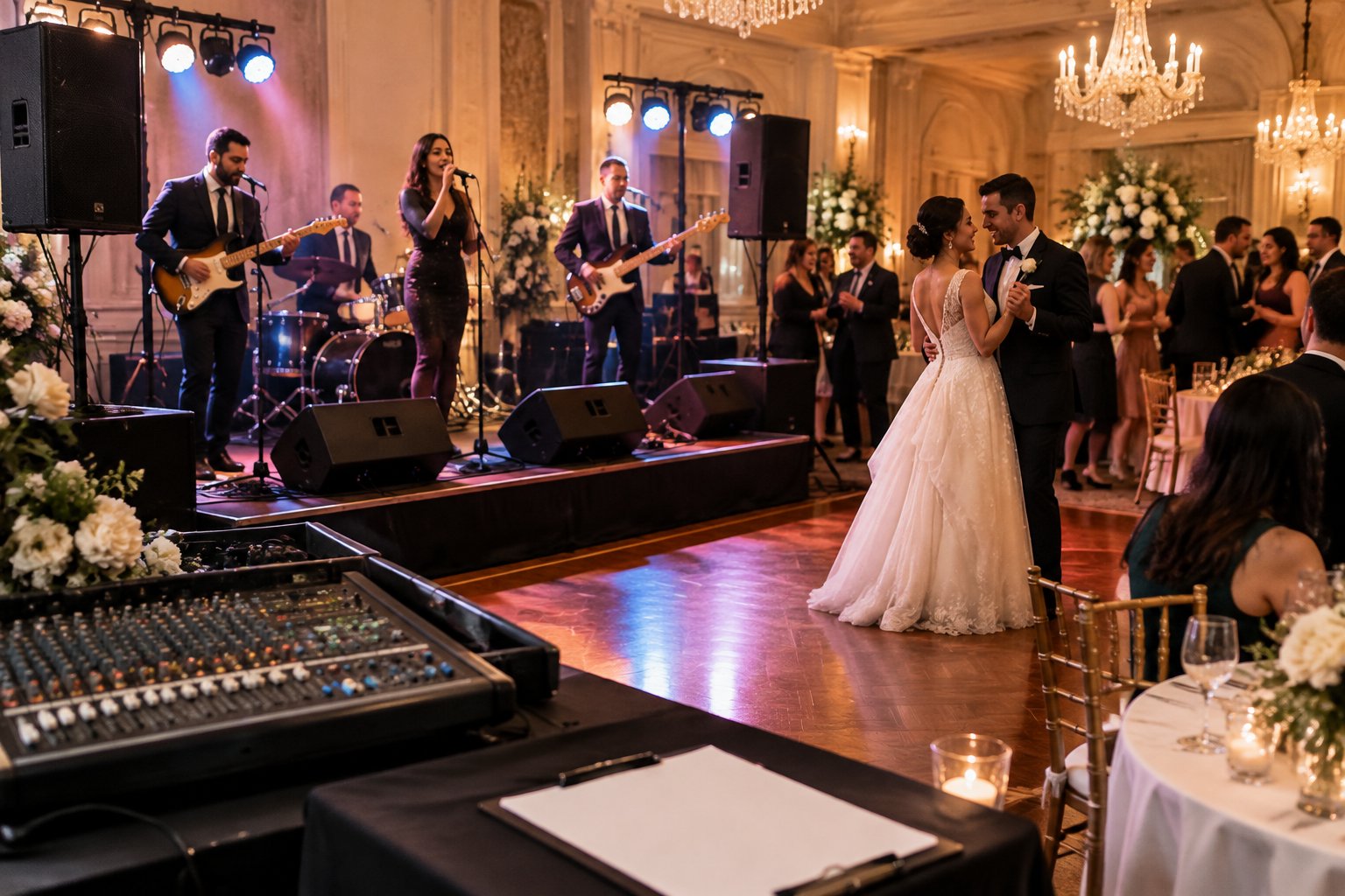 A live band performs at a wedding reception as the couple dances and guests watch.